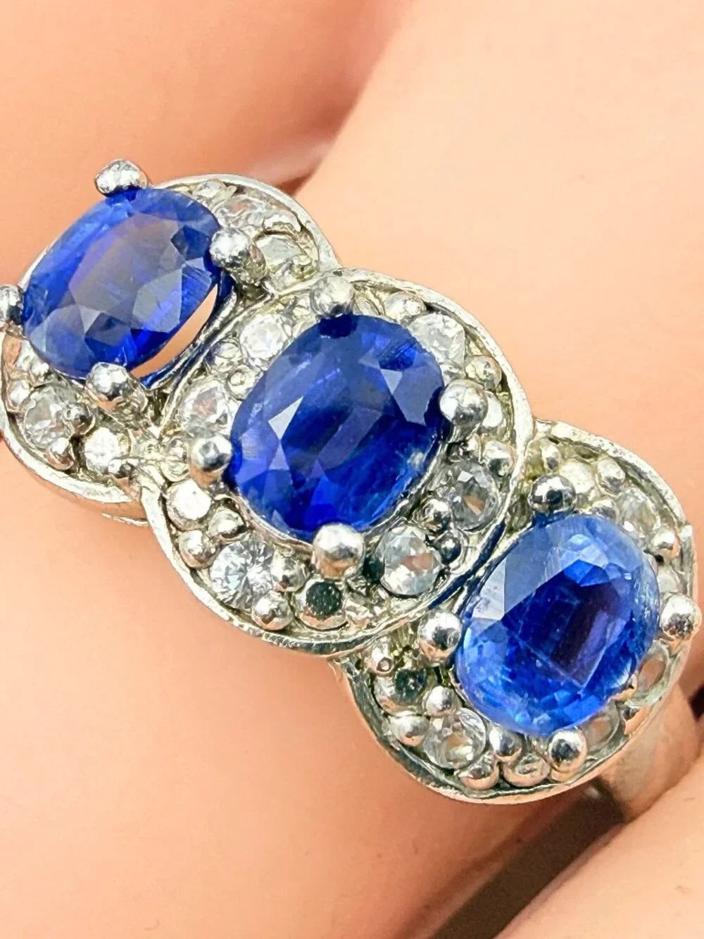 Contemporary Marked Sterling Silver Blue Topaz CZ Trilogy Halo Ring Sz 10.75